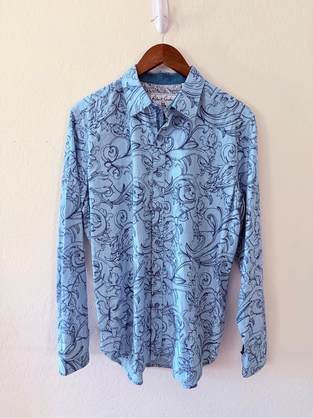 Robert Graham Men’s Large Blue Floral Scroll Print Button Down Shirt